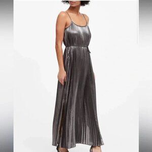 Banana Republic Petite Metallic Pleated Maxi Dress Gunmetal Silver 2P NWT